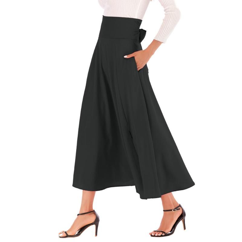COSEZIN Women Skirts Womens Fashion Elegant Solid High Waist Pleated A Line Long Skirt Front Slit Belted Maxi Skirt 