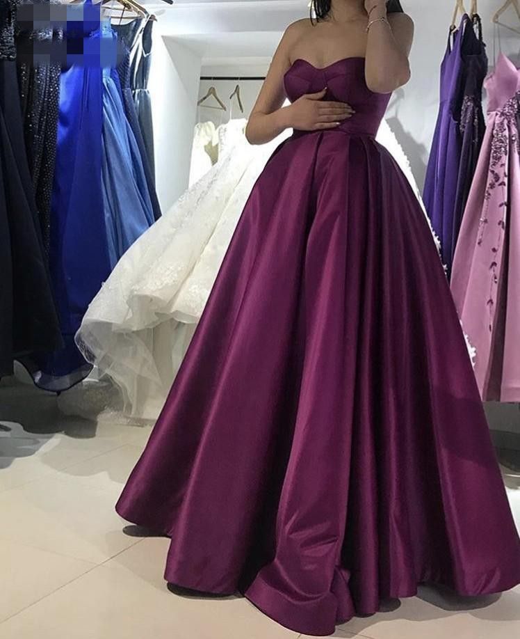 Dark Purple A Line Satin Prom Dresses 