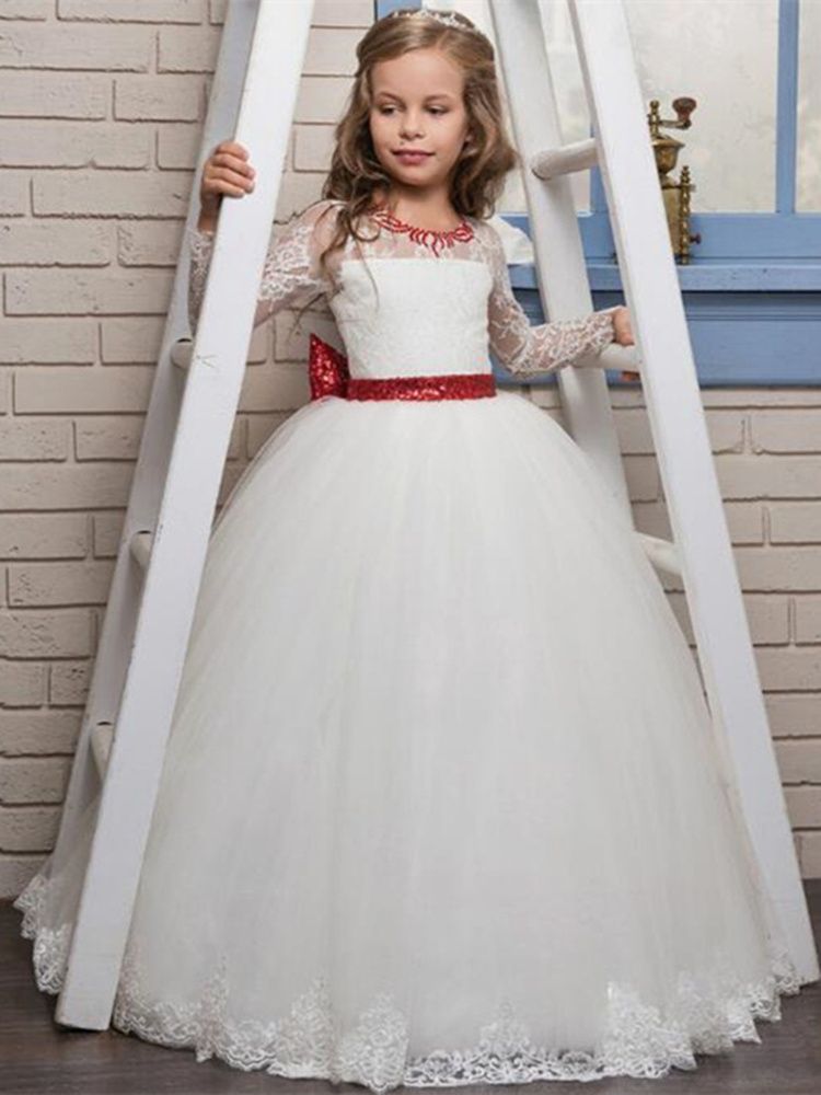 short lace flower girl dress with illusion sleeves