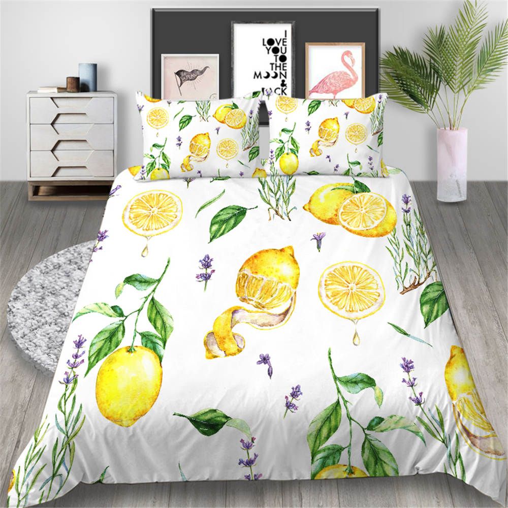 Lemon Bedding Set Fruit Fashionable 3D Duvet Cover Green Leaves King