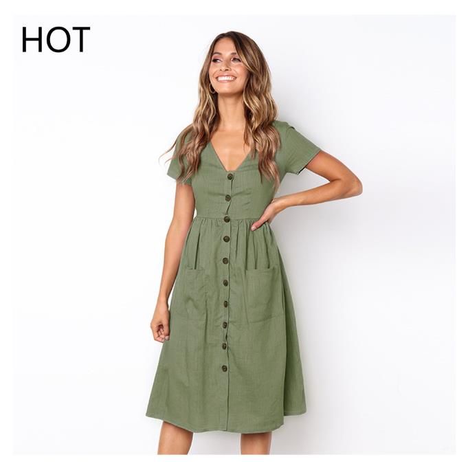 Con Cuello En V Manga Vestido Casual De Verano Para Mujer Con Cuello En V Manga Vestido Casual De Verano Para Mujer