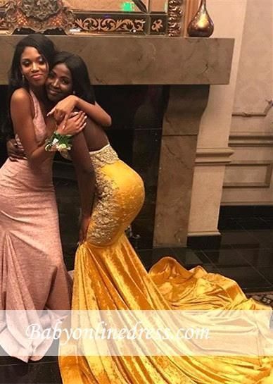 yellow velvet prom dress
