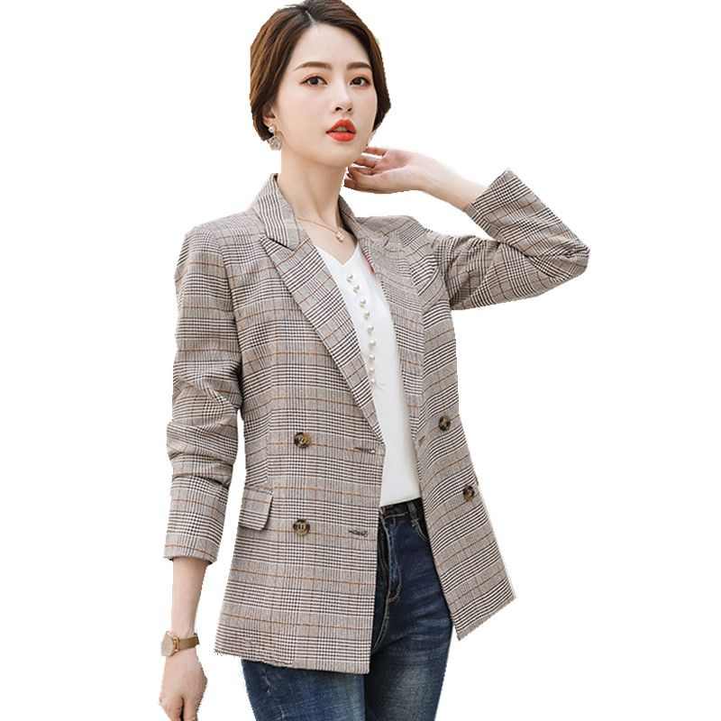 Blazer Women Plus Size Vintage Plaid England Style Spring Full Sleeve