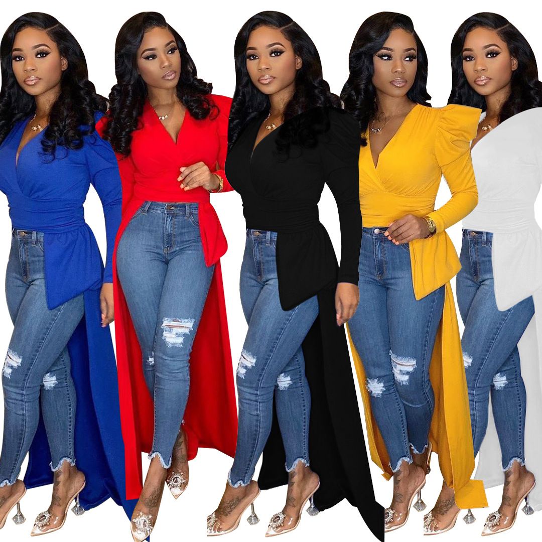 Women Tops V Neck Ruched Long Sleeves 