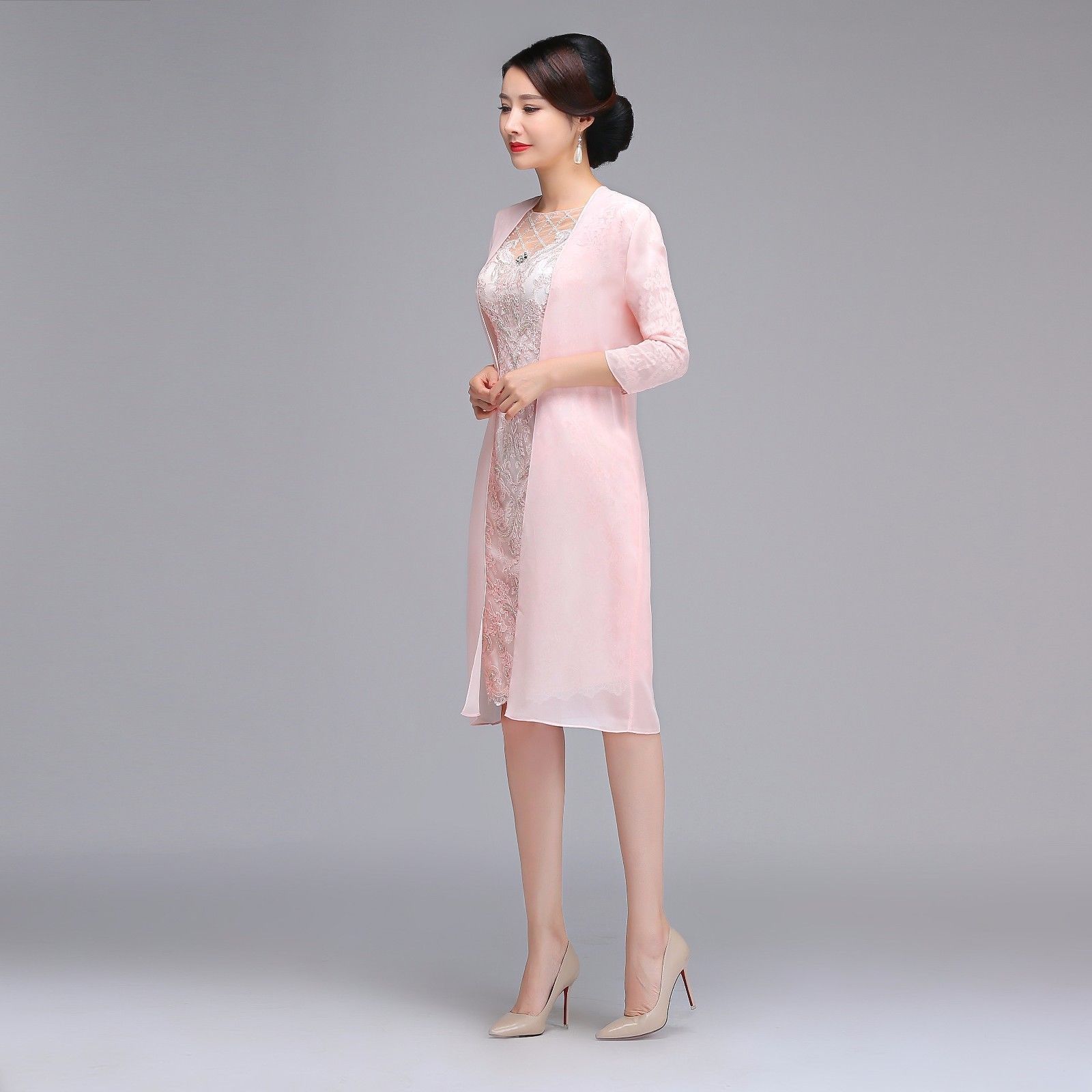 Knee Length Elegant Mother Of The Bride Dress With Long Jacket Party Dress Gown