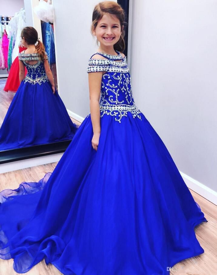 Royal Blue Crystals Vestidos Para Niñas 2019 Una Tallas Grandes Chicas Baratas Glitz Cumpleaños Primera Fiesta De Fiesta Para Niños De 80,8 € | DHgate