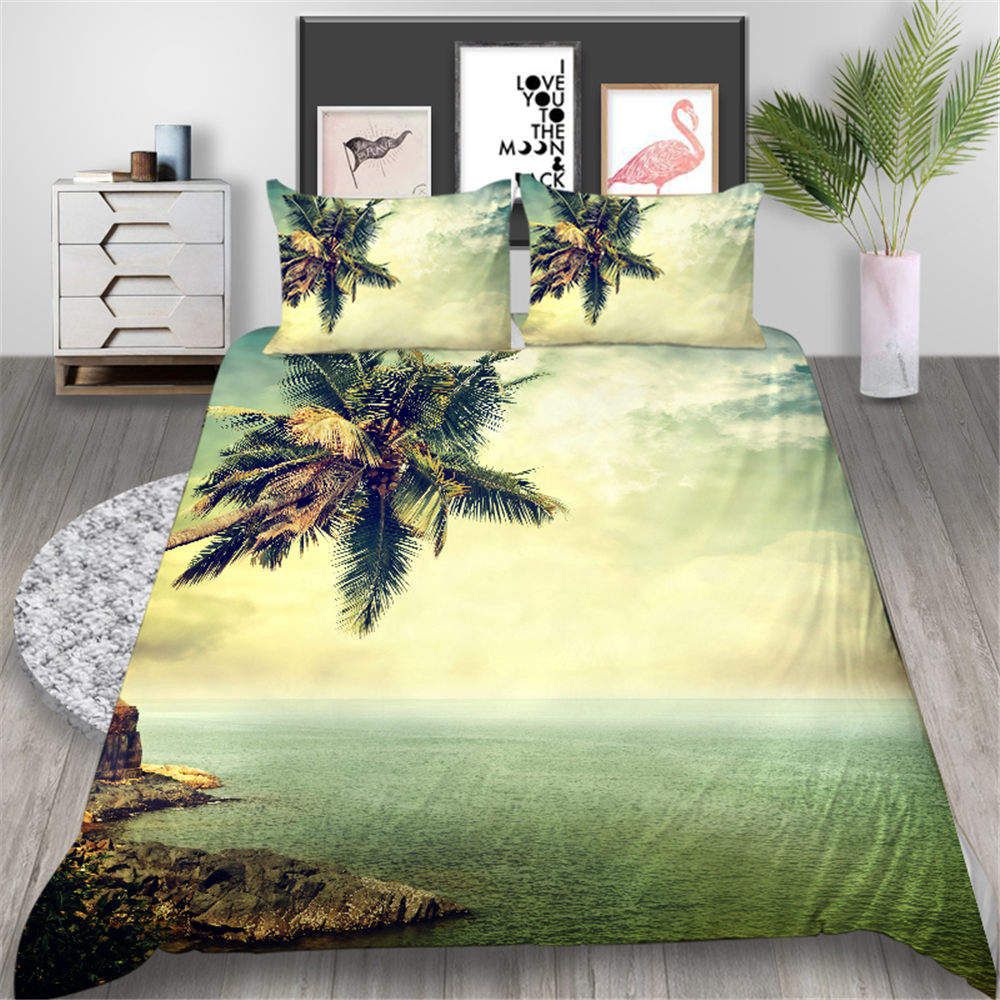 Seaside Printed Bedding Set King Retro Coconut Tree 3d Duvet Cover