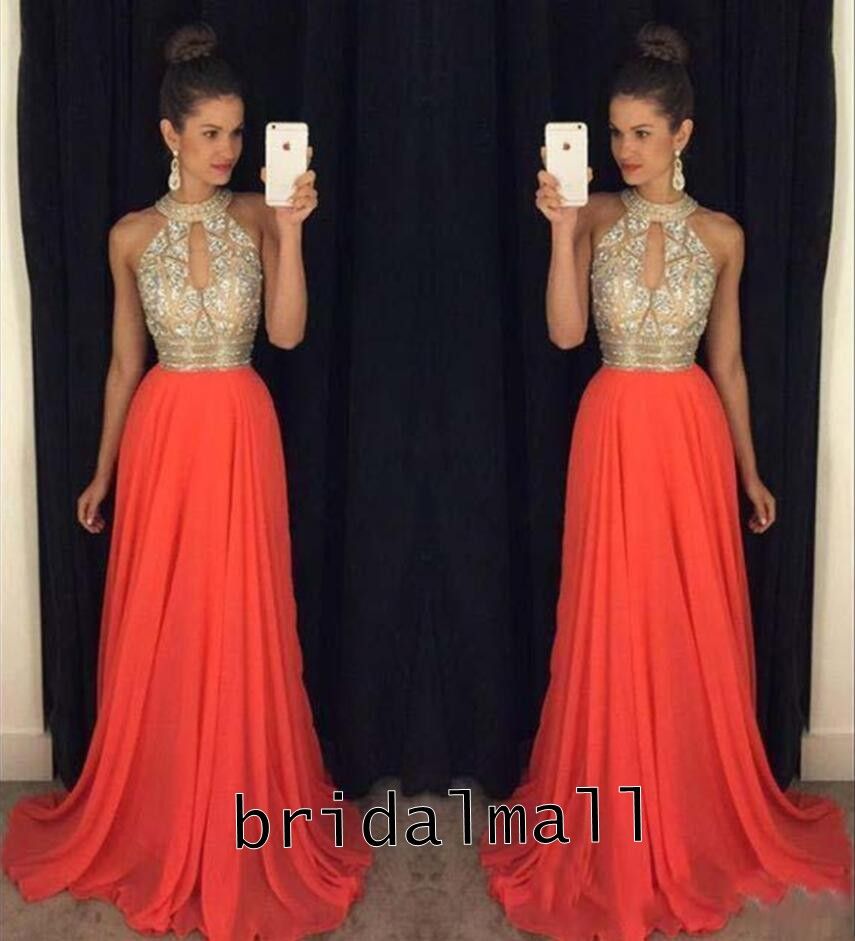 Compra Cristales Cuello Halter Elegante Vestidos De Noche Formales  Lentejuelas Naranja Gasa Largo Árabe Vestido De Fiesta Vestidos De Fiesta  Baratos Robe De Soirée Barato | Entrega Rápida Y Calidad | Es.Dhgate