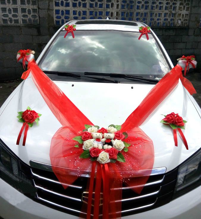 garland wedding flowers pink wedding car decoration Flower And Hearts set bows 