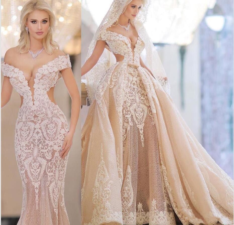 Vestido De Noiva Online Champanhe 2019 Nova Sereia Vestidos De Casamento Com Trem Destacável V Neck Lace Vestidos De Noiva Backless Vestido De Noiva De Praia Personalizado Fotos De Vestido De Noiva