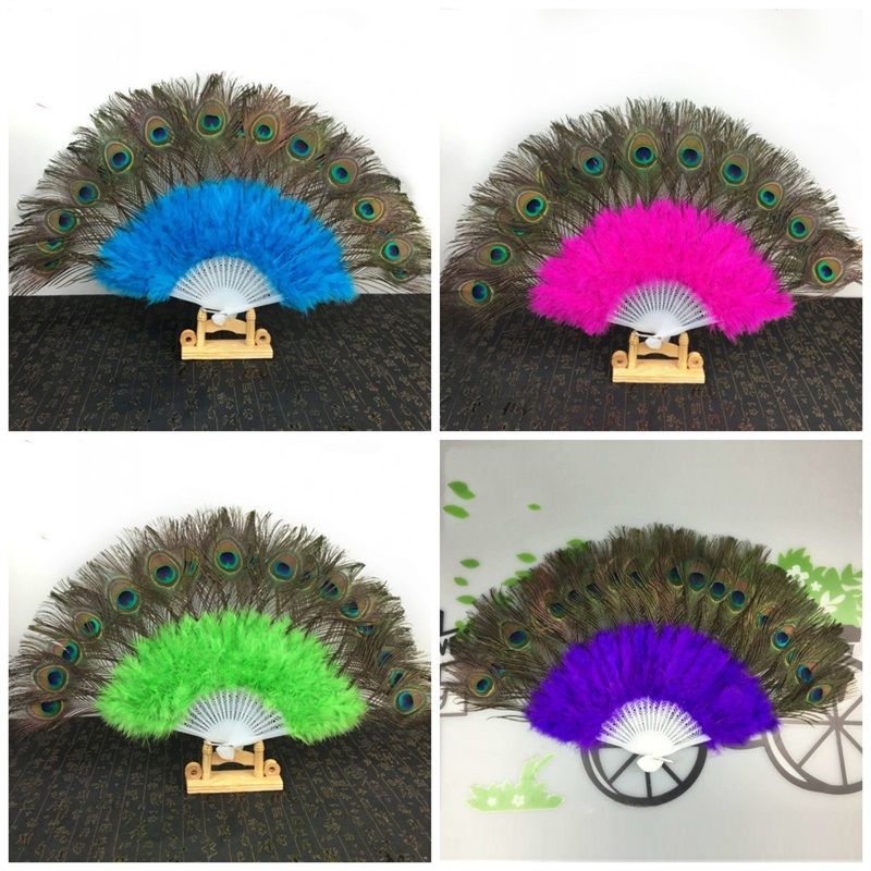 Peacock Feather Hand Fan Dancing Performance 21 Bones Pointed Tail