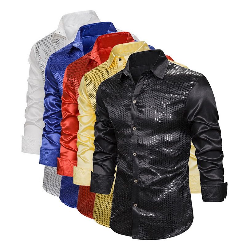 Mens Dress Shirts Luxury Sequin Glitter 