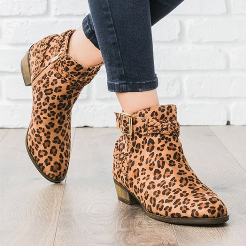 leopard print low heel boots