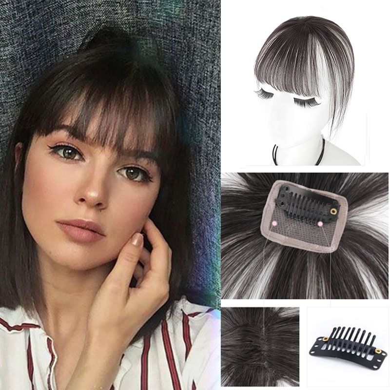 3d Air Bangs Hairpiece Extension Light Brown 100 Human Real Hair Flat Bangs With Temples Breathable Full Handmade Front Fringe Side Bangs Curly Hair