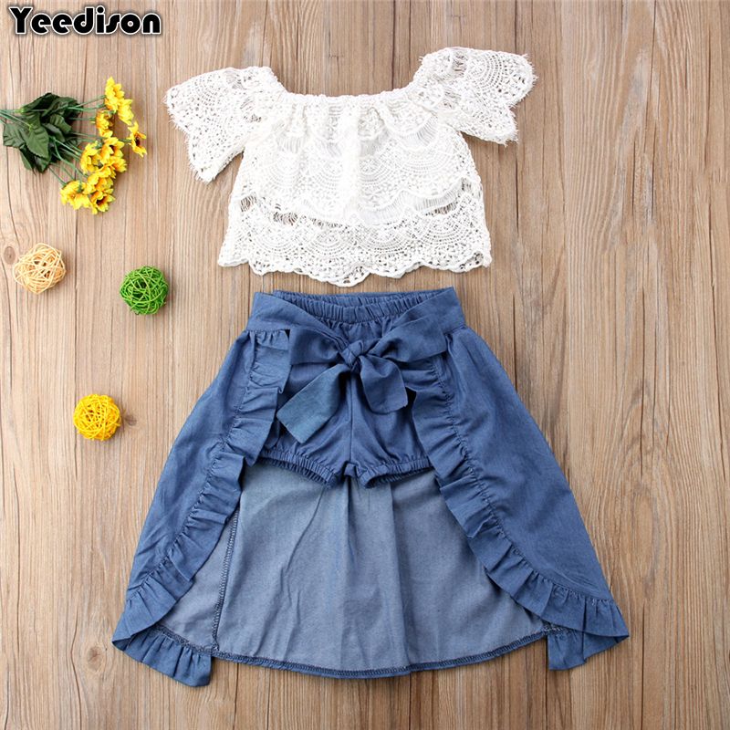 Fashion Baby Girl Ropa de Niñas Niñas Trajes de encaje Tops Denim Pantalones