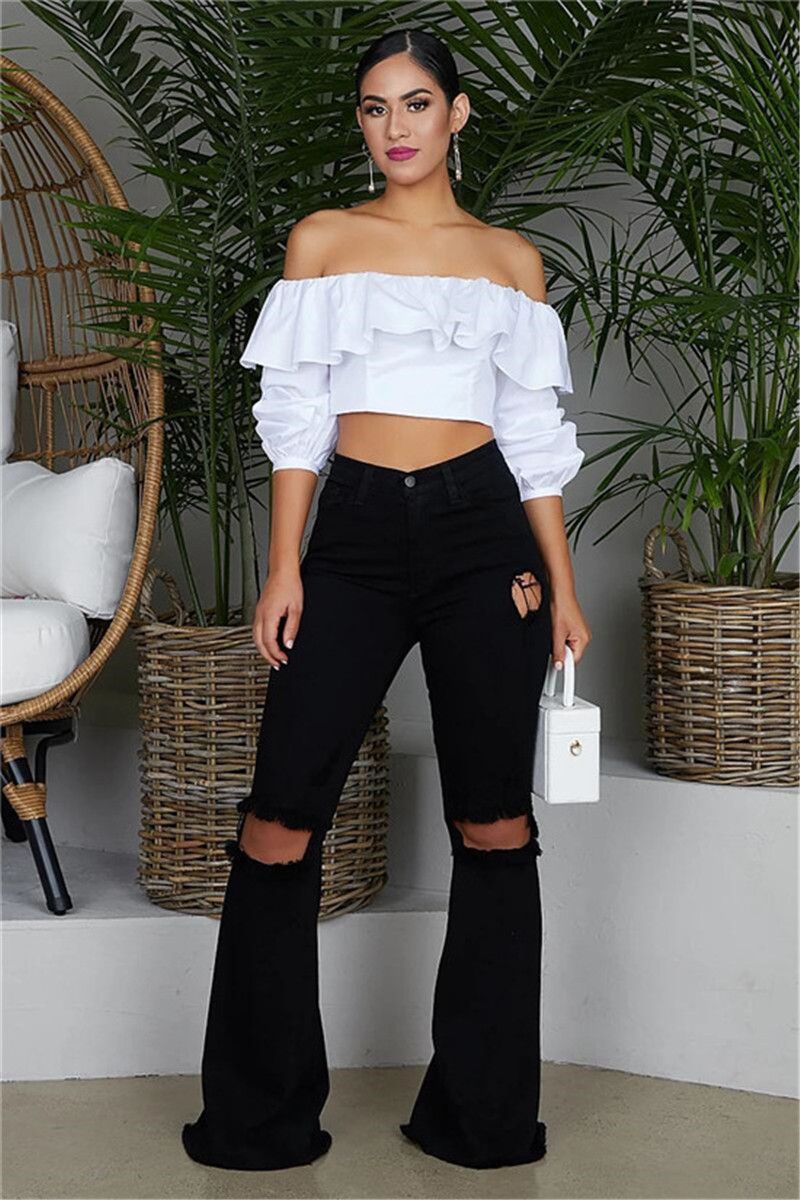 Compre Tallas Jeans Color Sólido Washed Denim Agujero Pantalones  Acampanados Moda Suelta Mujer Ropa Pantalones Bloom A 20,84 € Del  Streetfashiontop | Es.Dhgate.Com