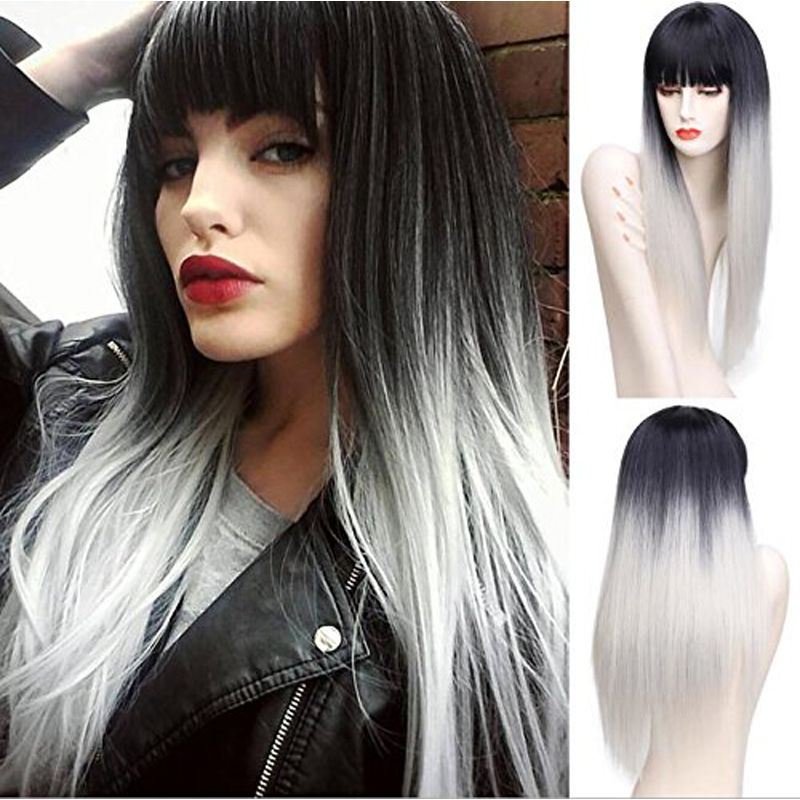 Long Straight Wig With Bangs Pink Hair Sythetic Grey Wigs For