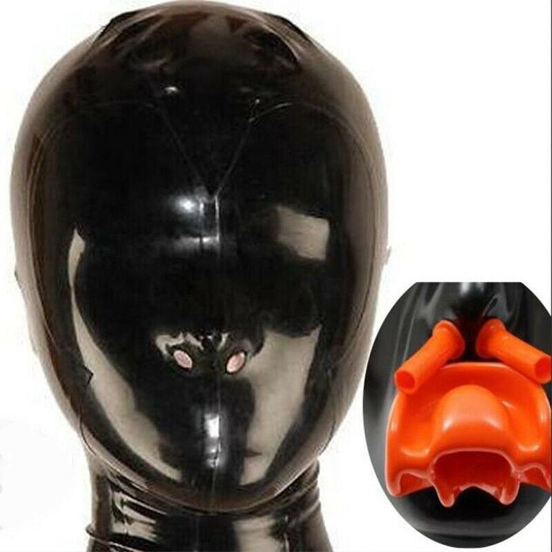 Latex Hood With Red Teeth Gag And Nasal Tubes Back Zipper Latex Hood With Red Teeth Gag And Nasal Tubes Back Zipper