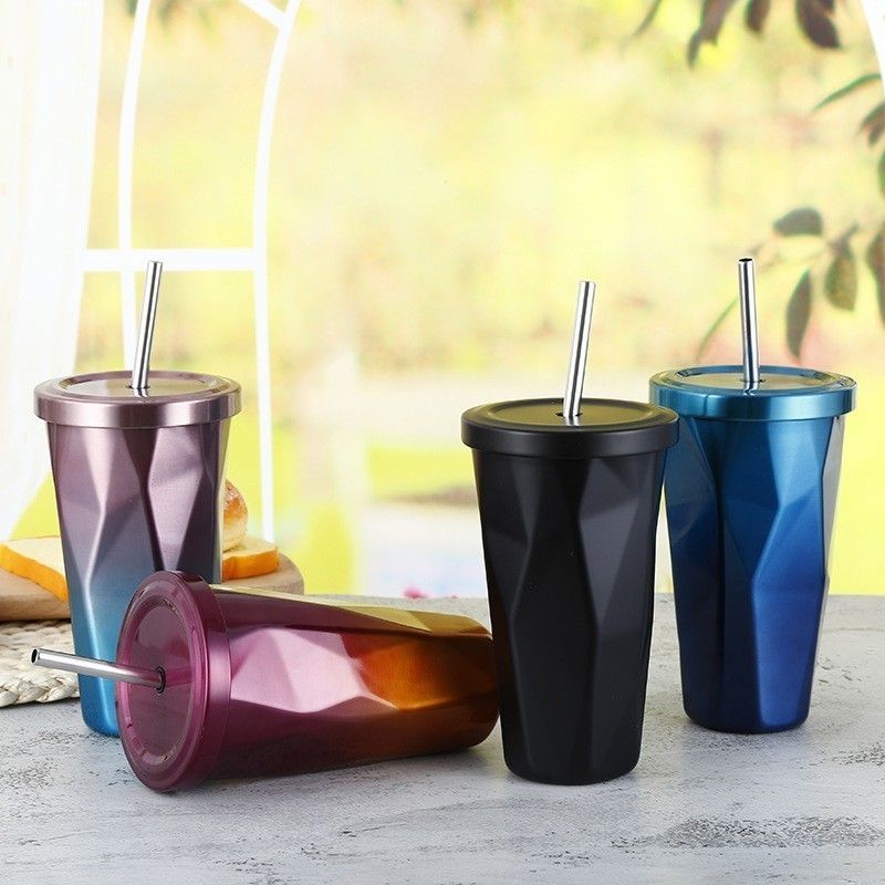 500ml Stainless Steel Hot And Cold Double Wall Drinking Cups Irregular Diamond Tumbler Straw
