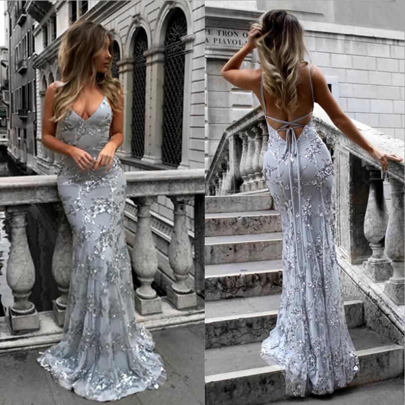 Compre Vestido Largo Para Mujer Elegante Con Cuello En V Vestido Ajustado  Sexy Lentejuelas Eslinga Brillante Boda Dama De Honor Fiesta Dama Sexy  Escote En V Correa Trasera Vestidos De Lentejuelas A
