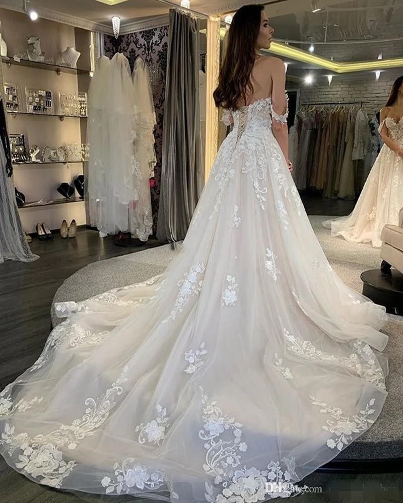 2020 Nueva Hombro encaje de la boda Vestidos Para Novia Apliques Barrer Jardín Iglesia de tren del estilo de país Vestidos de novia moderna Vestidoe de Noiva 2020 Nueva Hombro encaje de la boda Vestidos Para Novia Apliques Barrer Jardín Iglesia de tren del estilo de país Vestidos de novia moderna Vestidoe de Noiva