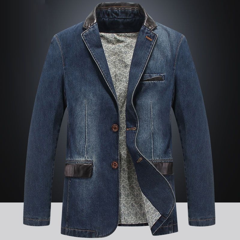 Spring Mens Slim Leather Jeans Denim Suits Jacket Casual Blazer