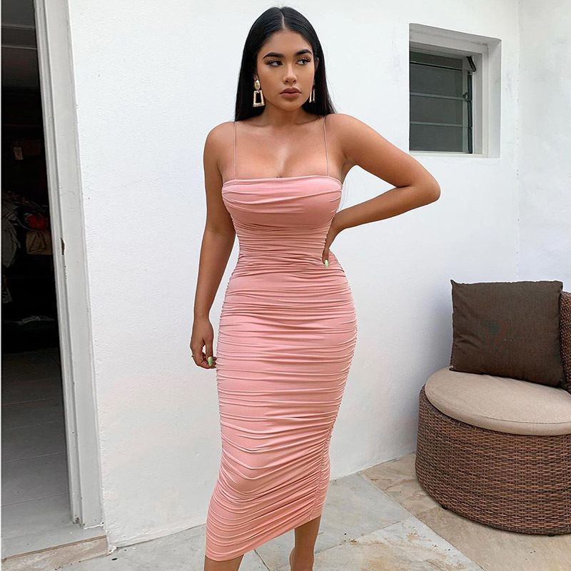 pink tight midi dress