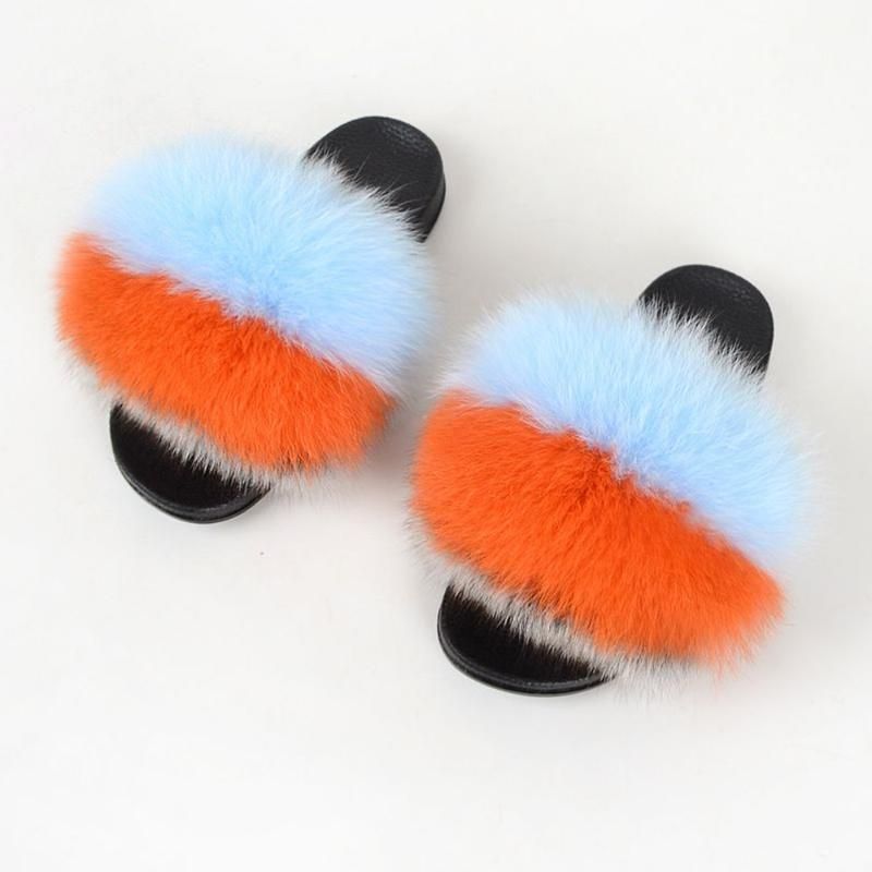 Fashion Fluffy Fur Slippers Women Fur Slides Furry Raccoon Sandals Flip Flops Flat Home Slipper ...