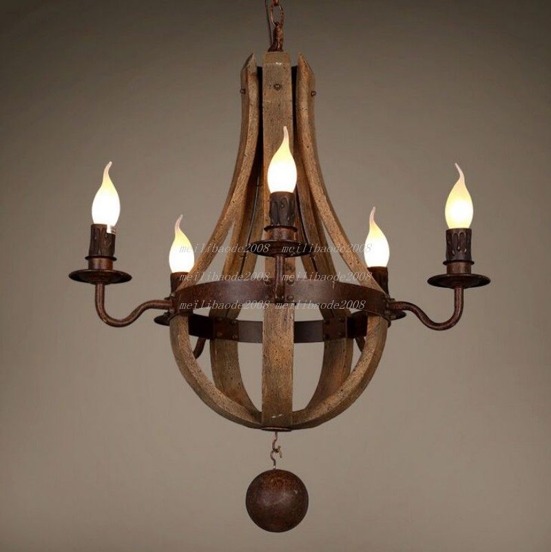 Wooden Candle Chandelier Vintage Iron Bois Lustre Pendant