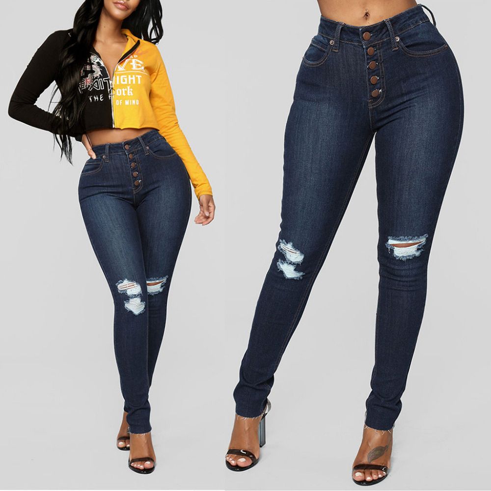 2019 jeans Moda caderas desgastadas pantalones vaqueros de cintura alta blancos Push