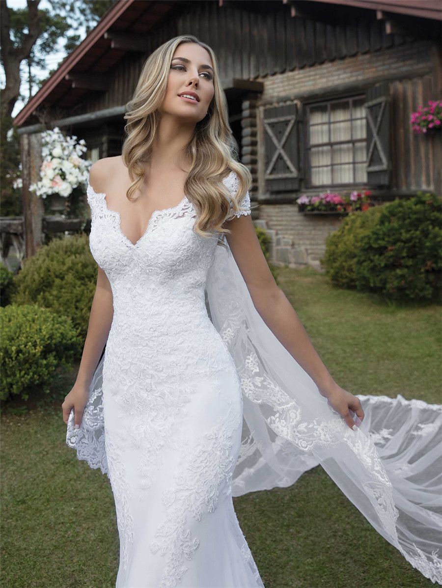 Off Shoulder Short Sleeves Appliques Lace Mermaid Wedding ...