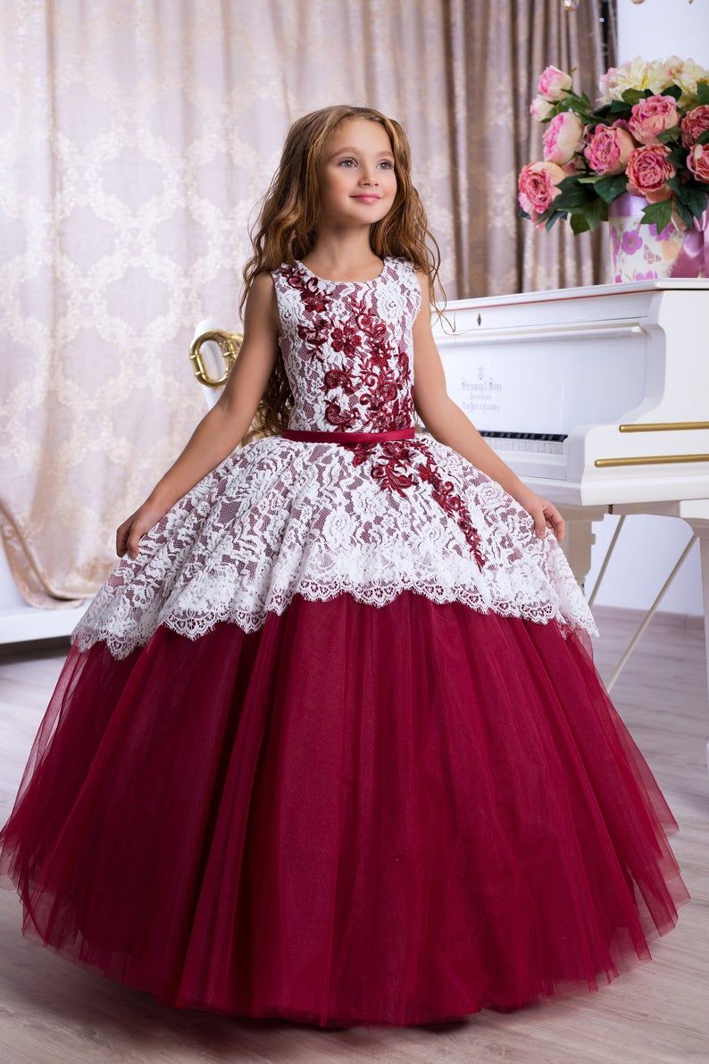 maroon and white flower girl dresses