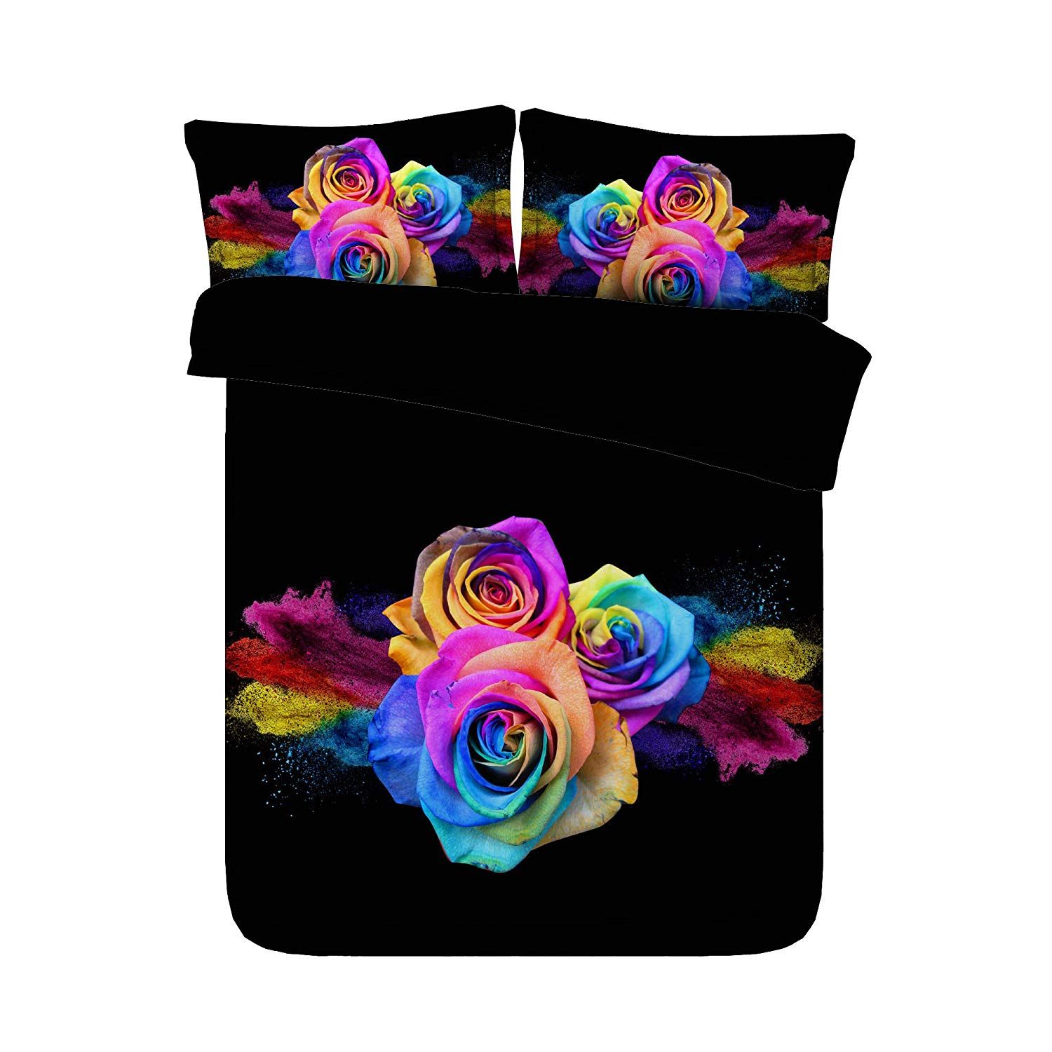 Rainbow Rose Duvet Cover Set Galaxy Universe Bedding Set With 2
