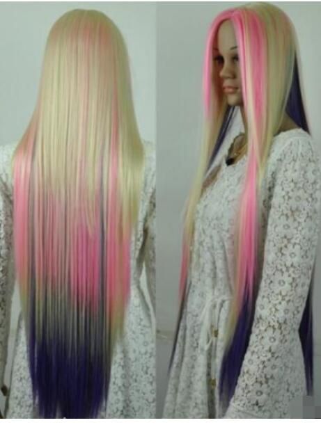 New Long Cosplay Light Blonde Pink Purple Mix Wig Lace Wig Hair