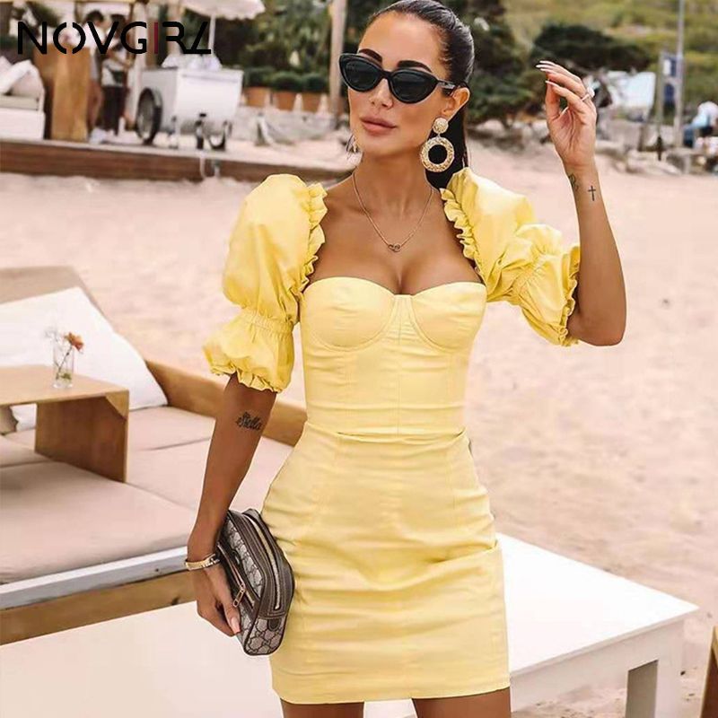 yellow puff dress