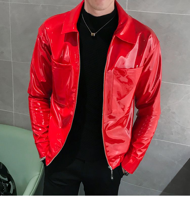 shiny red leather jacket