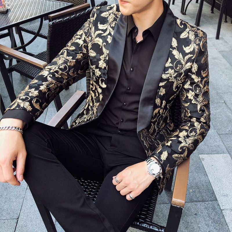 2021 Luxury Gold Print Men Blazer British Style Business Prom Wedding