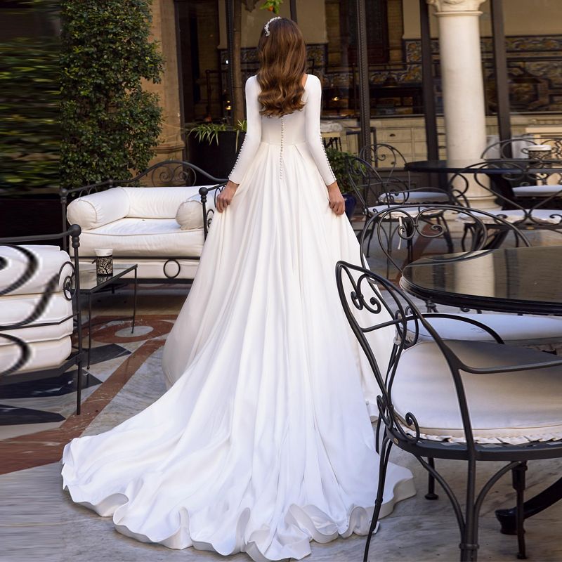 Elegante Blanco Una línea Vestidos de novia Cuello joya Manga larga Falda plisada Vestido de novia Elegante Blanco Una línea Vestidos de novia Cuello joya Manga larga Falda plisada Vestido de novia