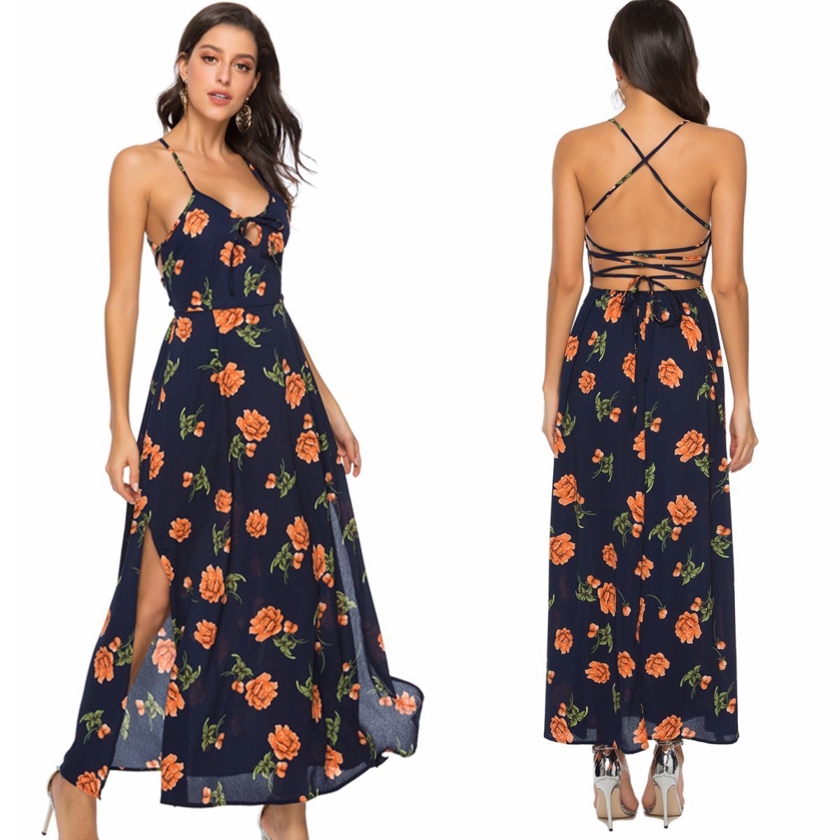 orange and black maxi dress