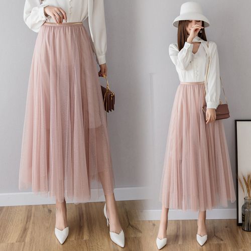Compre Tingyili Falda De Tul Larga Negro Rosa Beige Gris Falda Coreana Primavera Verano Faldas Largas Para Mujer A 581 Del Akaya Dhgatecom