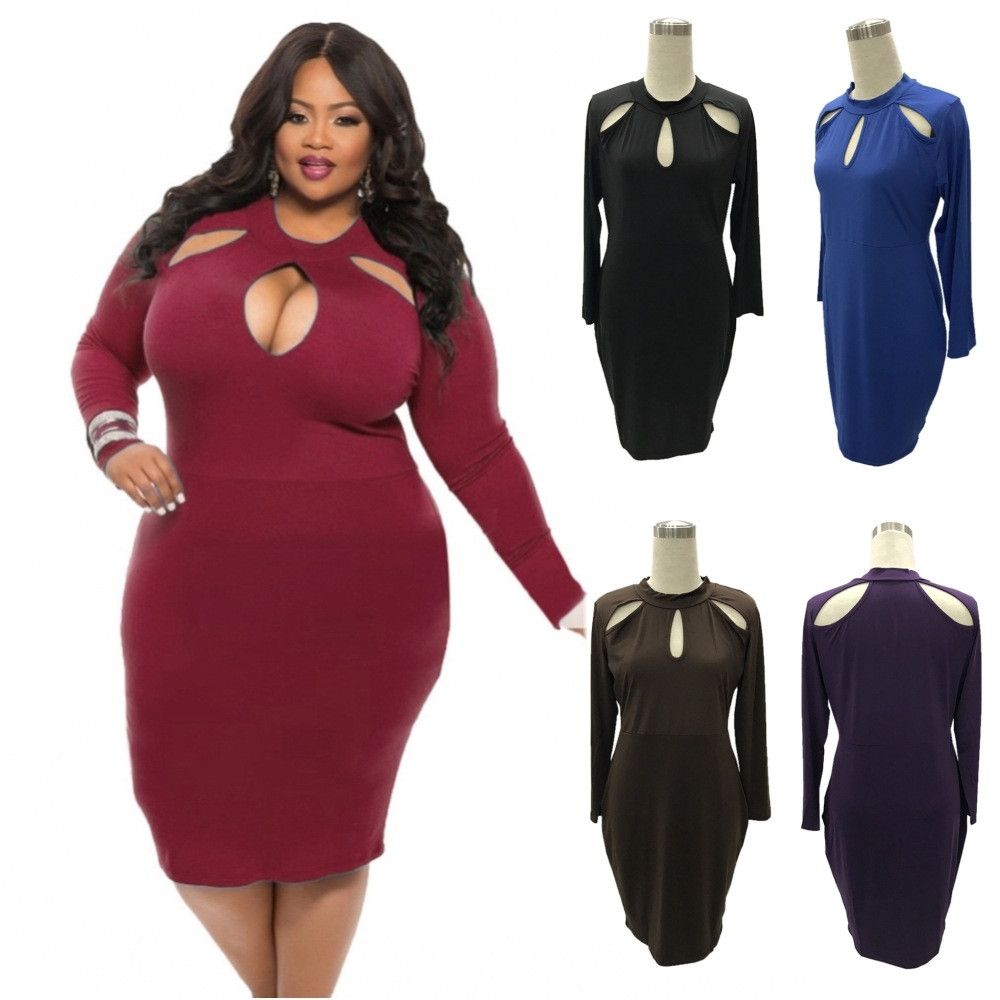 Women High Quality Midi Length Dress Plus Size Full Sleeve Bodycon