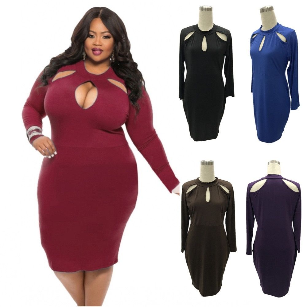 Women High Quality Midi Length Dress Plus Size Full Sleeve Bodycon ...