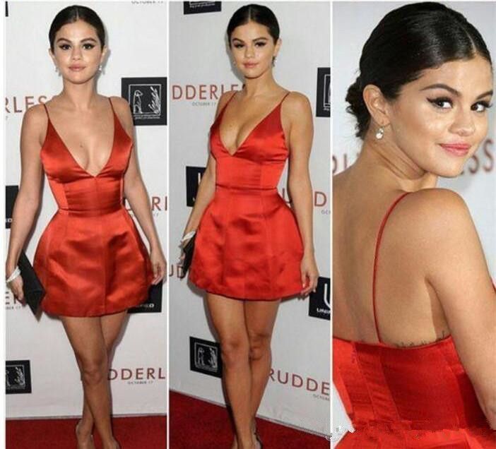 Selena Gómez Formal Alfombra Roja Cóctel Partido Spaghetti V Cuello Sexy Zipper Atrás Cocktail Borth