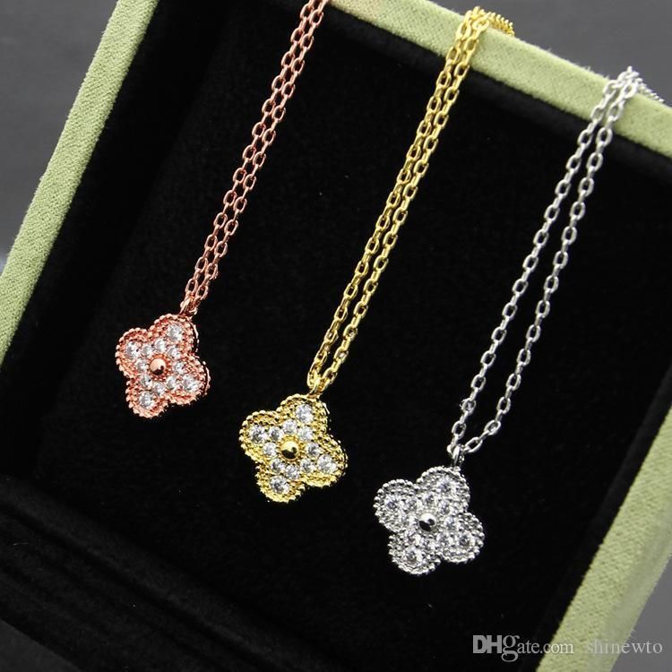 Whole New Arrive Fashion Lady Brass Four Leaf Flower 18k Plated Gold Necklace With Full Diamond Single Motifs Pendant Silver - Single Pendant Gold Necklace Whole New Arrive Fashion Lady Brass Four Leaf Flower 18k Plated Gold Necklace With Full Diamond Single Motifs Pendant Silver - Single Pendant Gold Necklace