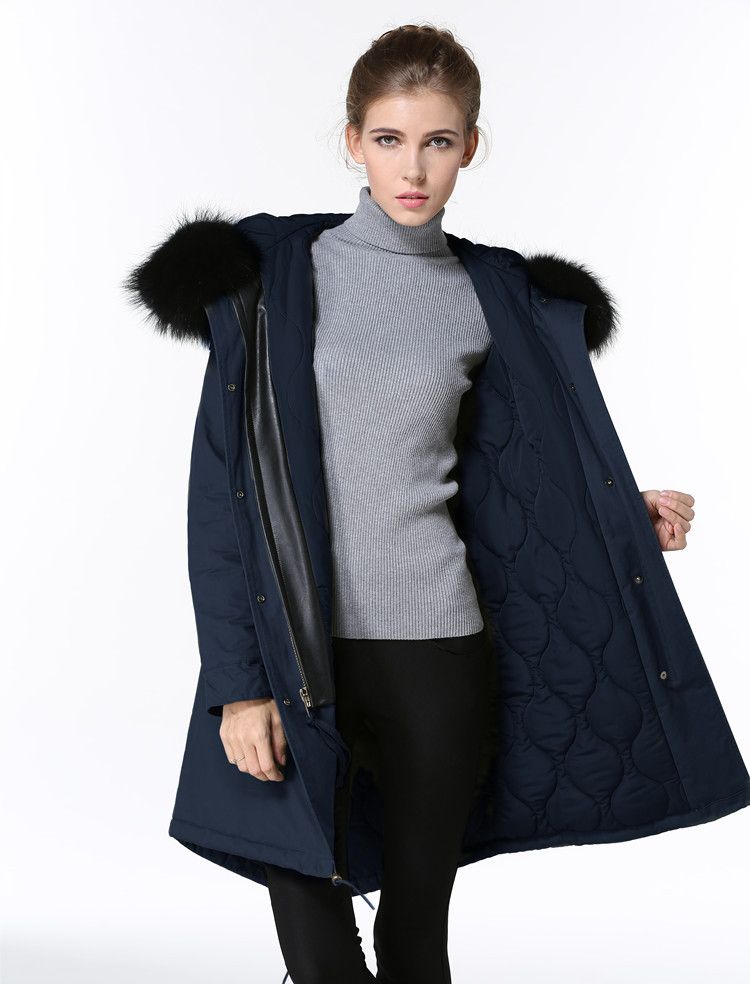 Meifeng Brand Black Raccoon Fur Trim, Winter Coat Navy Blue