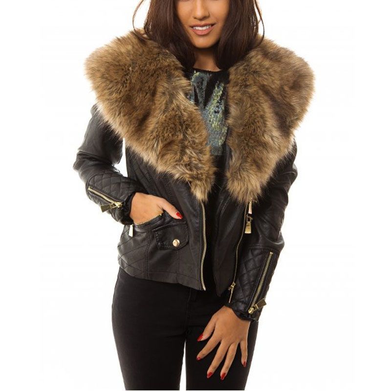 Fashion Wholesale New Fur Collar Mosaic PU Leather Jacket Zipper 
