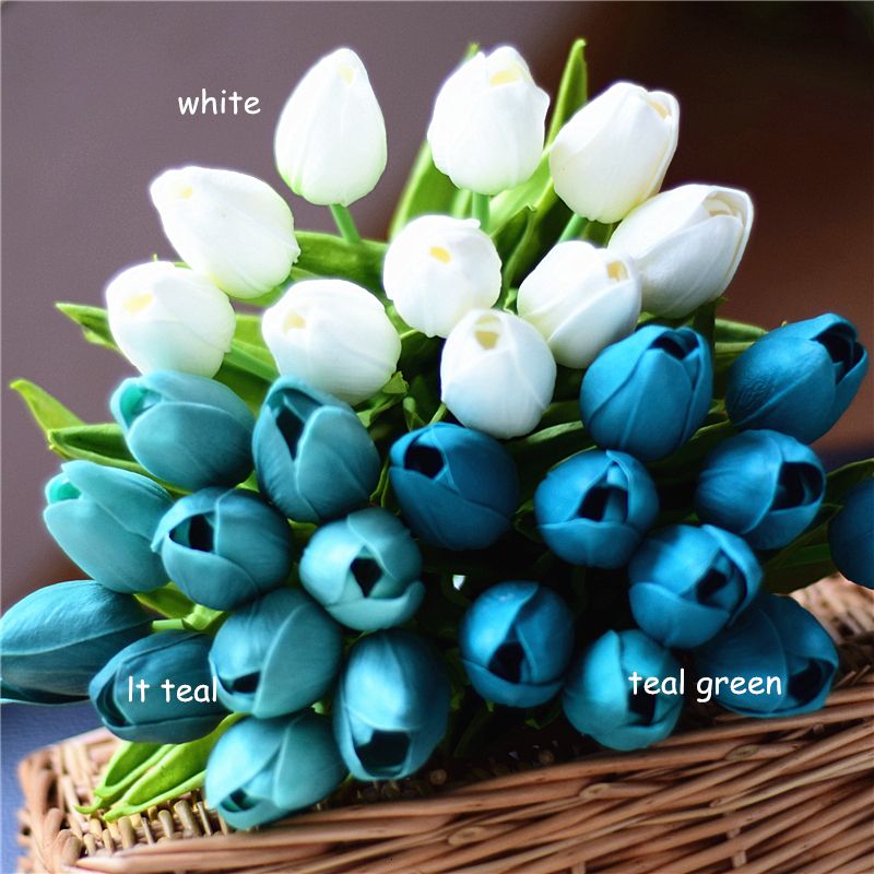 30pcs Teal tulipanes flores artificiales del tacto real de la PU  artificiales para decora Ramo casa