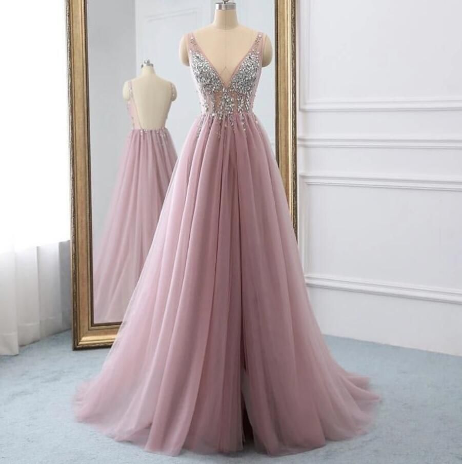 silver and pink prom dress