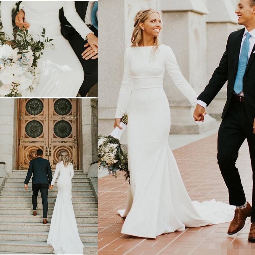 Vestidos De Noivas Curtos Novo Crepe Sereia Vestidos De Casamento Modestos 2019 Com Mangas Compridas Boat Neck Simples Mulheres Elegantes Modestos Vestidos De Noiva Modestos Custom Made Vestido De Noiva Sereia Renda