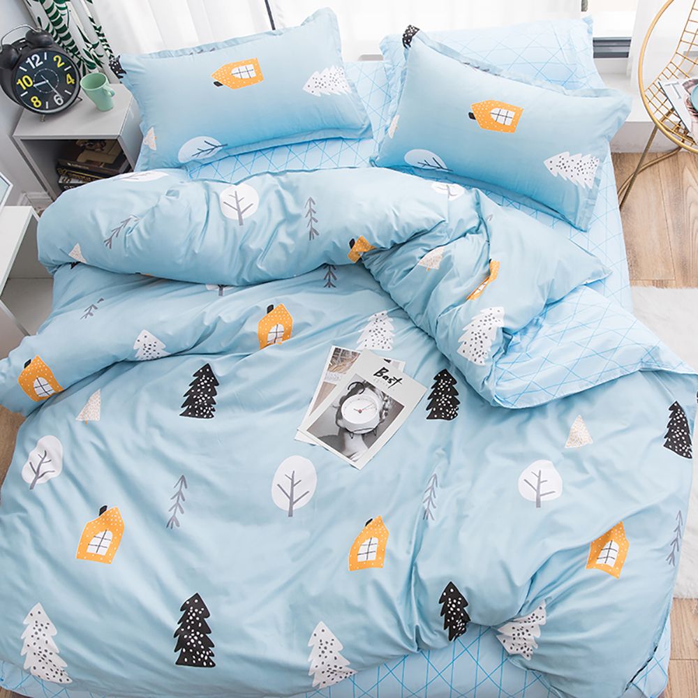 Cartoon Pine Bedding Set King Size Elegant Fresh Light Blue Duvet